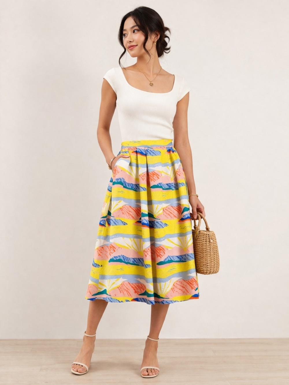 🌺 Emily and Fin Faye Midi Skirt in Yellow Multi Print